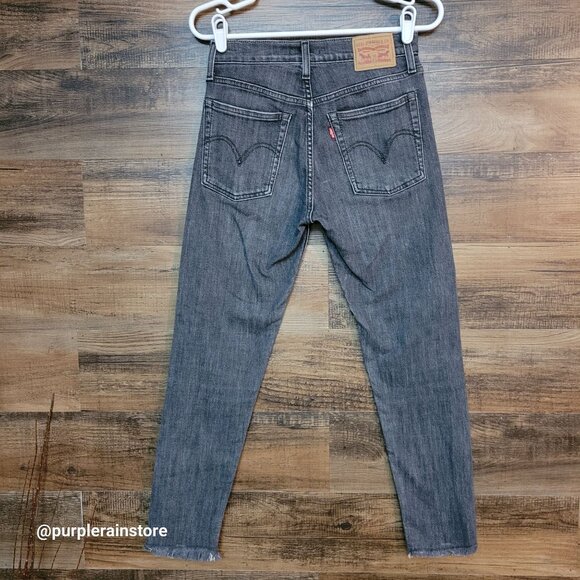 Levi's Jeans 26 Wedgie Straight High Rise Button Fly Black Wash Raw Hem Stretch - Picture 2 of 13